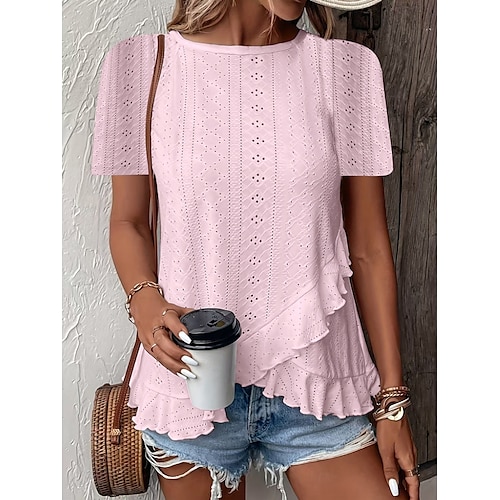  Women's T Shirt Solid Color Plain Basic Casual Short Sleeve Crew Neck Regular Tops Daily Weekend Ruffle Eyelet White Yellow Pink Green Summer