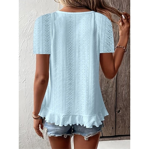  Women's T Shirt Solid Color Plain Basic Casual Short Sleeve Crew Neck Regular Tops Daily Weekend Ruffle Eyelet White Yellow Pink Green Summer