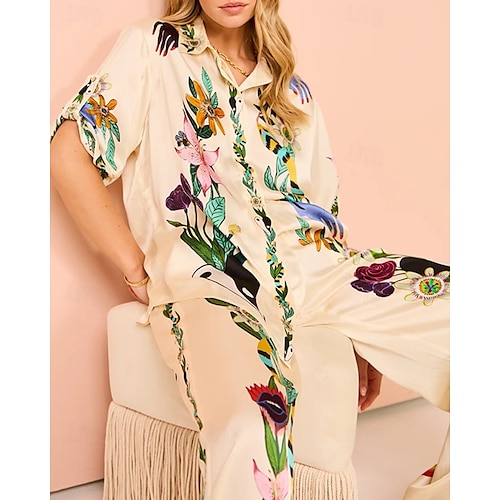  Femmes Mode Streetwear Ensembles de Pantalons Manche Courte Col de chemise Fleuri Imprimé Tenue quotidienne Date Beige Été Coupe régulière