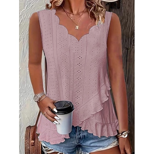 Dame Camisole Tank Top عادي Daglig Fritid Ermeløs V-hals Vanlige topper Daglig Drapering Snørehull Hvit Gul Rosa Grønn Lyseblå Sommer