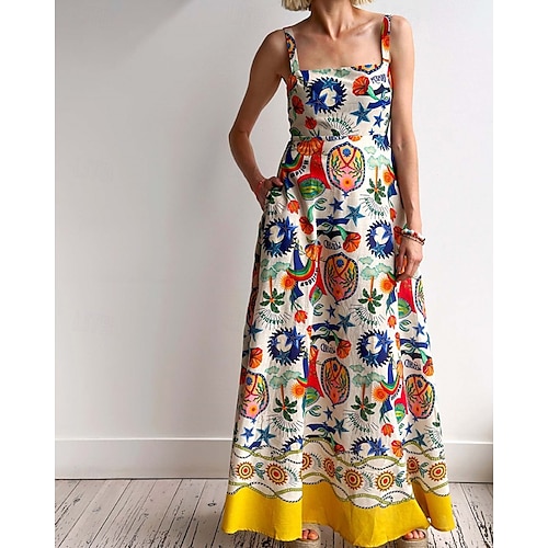  Damen Langes Kleid Maxikleid Baumwoll-Leinen-Kleider Freizeitkleid Mode Outdoor Party Ferien Normale Passform Landschaft Ärmellos Träger Gelb Sommer