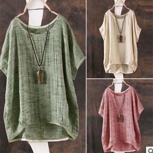 Femmes Chemise Couleur Unie Basique Occasionnel Manche Courte Col ras du cou Hauts Réguliers Quotidien Rouge Vert Kaki Été Femmes Chemise Couleur Unie Basique Occasionnel Manche Courte Col ras du cou Hauts Réguliers Quotidien Rouge Vert Kaki Été