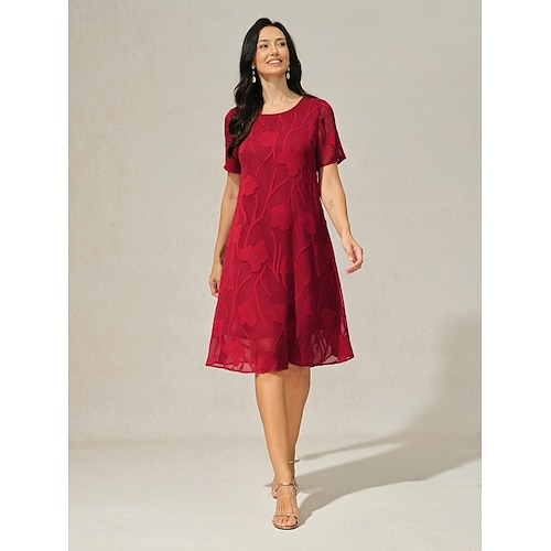  Dame Knelang kjole Chiffonkjoler Elegant Fritid Løstsittende Blomstret Kortermet Crew-hals Rød Sommer