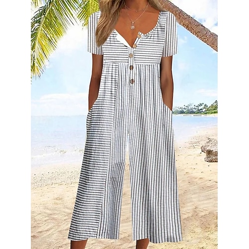  Femmes Normal Combinaison Actif Fleuri Manche Courte Jambe large Col rond Avec Poches Imprimé Vacances Quotidien Coupe régulière Blanche Vert Véronèse Bleu Été