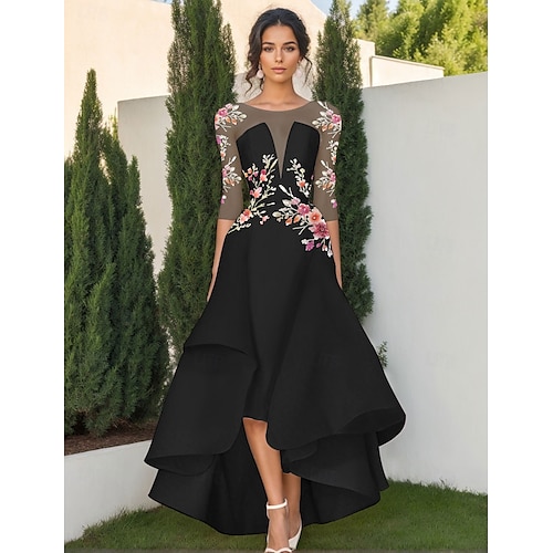 Robe Cocktail A-Line Robe mi-longue à volants sans manches Robe élégante Formelle Mariage Longueur thé Manches 3/4 Col rond Satin avec volants