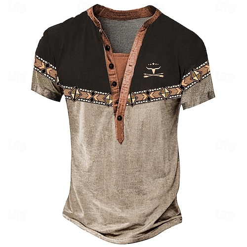 Herre Stamme Etnisk T skjorte Henly-skjorte T-skjorter Kortermet Designer Grunnleggende Klassisk utendørs Avslappet Daglig Sommer Mørkebrun Navyblå Henley krage Henley Henley T-skjorte