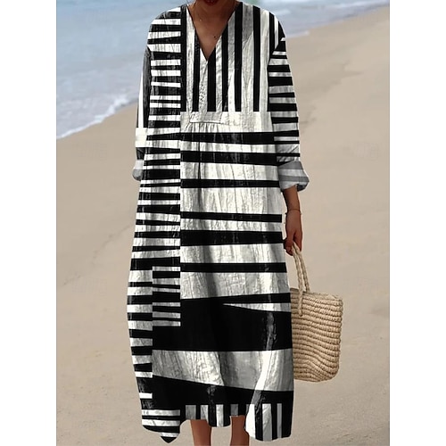 Robe mi-longue femme à col en V manches longues caftan léger coupe ample robe évasée décontractée boho sortie graphique géométrique à rayures manches longues col en V rouge orange noir jaune rose