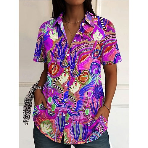  Women's Shirt Floral Graphic Abstract Daily Casual Short Sleeve Shirt Collar Regular Tops Daily Blue Fuchsia Summer Spring