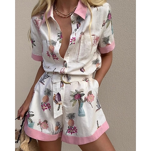  Femmes Normal Combishort Actif Fleuri Manche Courte Tee-shirt Shorts amples Col de chemise Avec Poches Ceinturé Rue Quotidien Coupe régulière Rose Claire Été