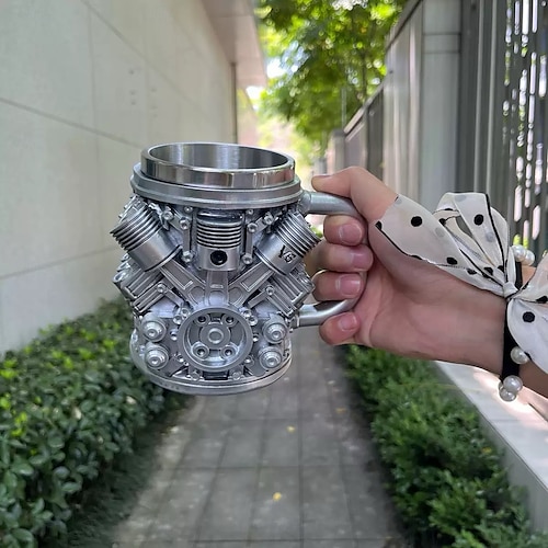  Engines Stainless Steel Mug, Creative Resin and Stainless Steel Coffee Cup, Unique Personality Drinkware, Stylish Whiskey Glass, Perfect Gift and Decorative Figurine for Home and Office