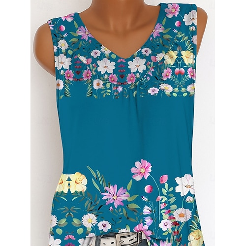  Femmes Débardeur caraco Fleuri Graphique ancien Tropical Élégant Sans manches Col en V Hauts Longs Quotidien Imprimé Bleu Violet Vert Été Printemps