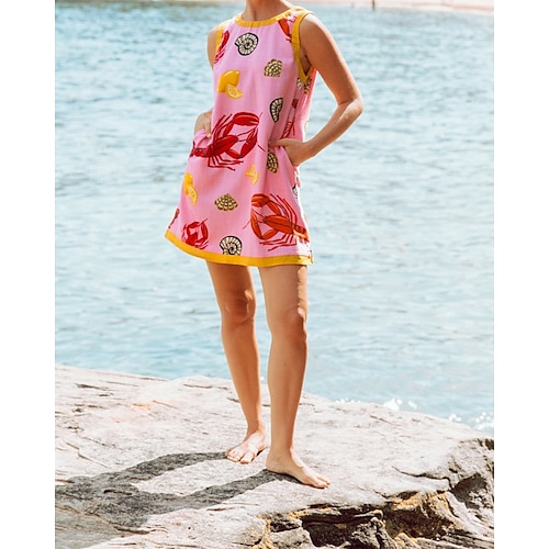  Damen Minikleid Baumwoll-Leinen-Kleider Freizeitkleid Mode Outdoor Party Ferien Normale Passform Tiermotiv Ärmellos Rundhalsausschnitt Rosa Sommer