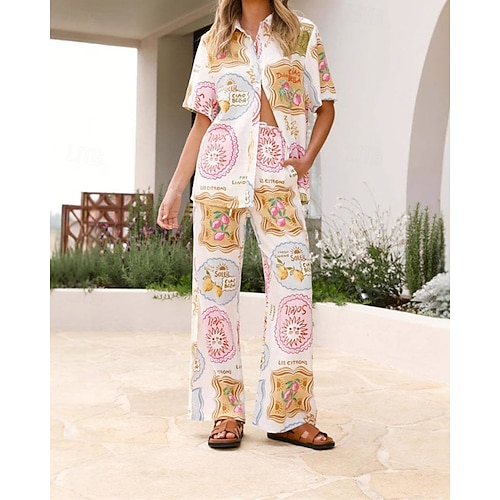  Femmes Mode Streetwear Ensembles en coton et lin Ensembles de Pantalons Manche Courte Col de chemise Usine Imprimé Tenue quotidienne Date Blanche Été Coupe régulière