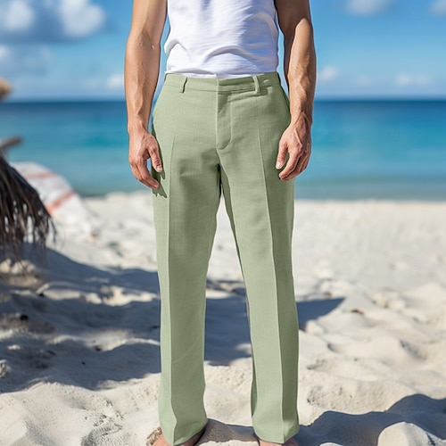  Men's Linen Pants Dress Pants Summer Beach Trousers Straight Leg Plain Comfortable Breathable Casual Daily Regular Fit Beige