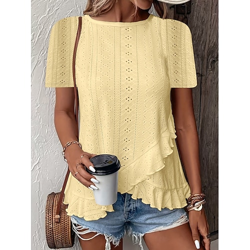  Women's T Shirt Solid Color Plain Basic Casual Short Sleeve Crew Neck Regular Tops Daily Weekend Ruffle Eyelet White Yellow Pink Green Summer