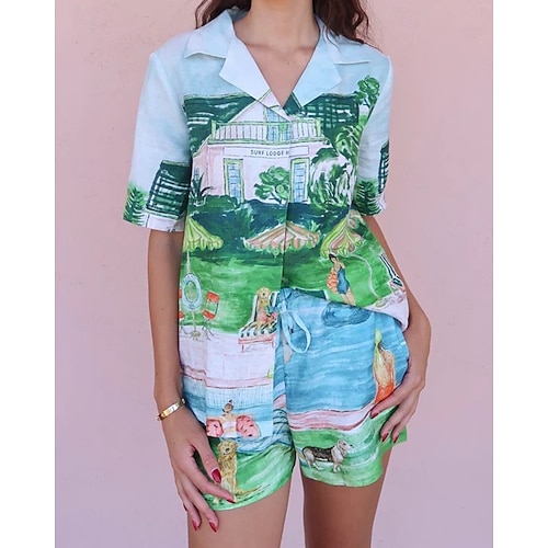  Femmes Mode Streetwear Chemises en coton et lin Ensembles en coton et lin Ensembles de Shorts Manche Courte Col de chemise Impression Imprimé Tenue quotidienne Date Bleu Été Coupe régulière