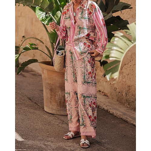  Femmes Mode Streetwear Chemises en coton et lin Ensembles en coton et lin Ensembles de Pantalons manche longue Col de chemise Fleuri Imprimé Tenue quotidienne Date Rose Claire Bleu Beige Été Coupe