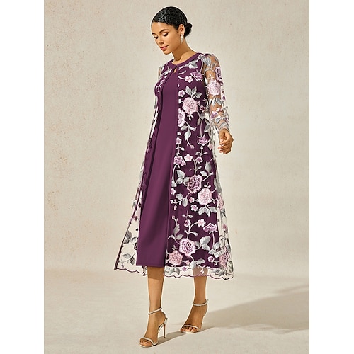  Per donna Abito Midi Tubino Elegante cocktail Abiti semi formali Matrimonio Feste Ospite di nozze Floreale Manica Lunga Girocollo Viola Primavera Autunno Inverno