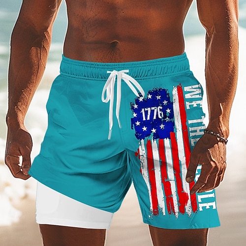  Dzień Niepodległości Męskie Flaga USA Patriotyczny Czwarty lipca Szorty podszyte Spodenki kąpielowe 2 w 1 Szorty kąpielowe Średni Talia Święto Boczne kieszenie Z wkładką kompresyjną Elastyczny pas
