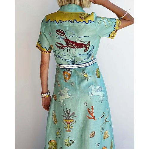  Damen Langes Kleid Maxikleid Baumwoll-Leinen-Kleider Freizeitkleid Mode Outdoor Party Ferien Normale Passform Tropisch Kurzarm Hemdkragen Blau Sommer
