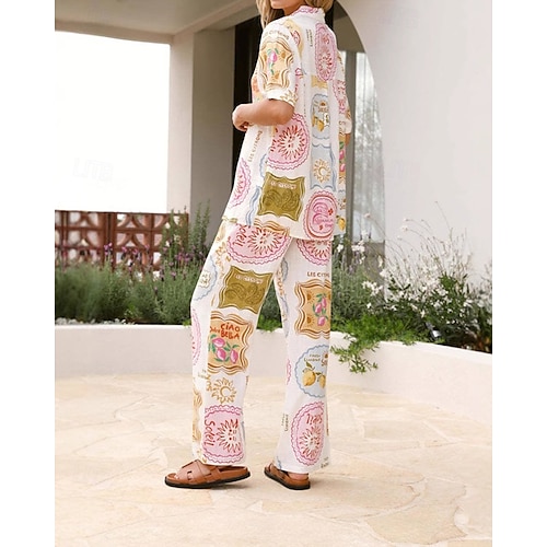  Femmes Mode Streetwear Ensembles en coton et lin Ensembles de Pantalons Manche Courte Col de chemise Usine Imprimé Tenue quotidienne Date Blanche Été Coupe régulière