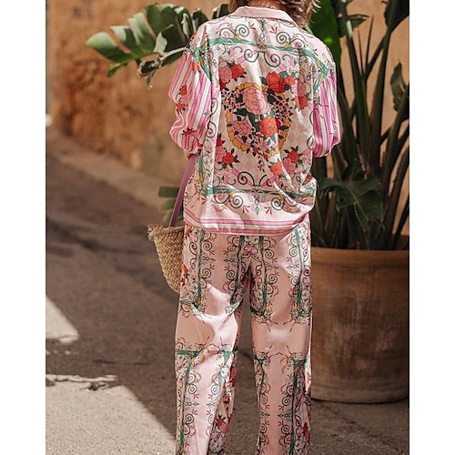  Femmes Mode Streetwear Chemises en coton et lin Ensembles en coton et lin Ensembles de Pantalons manche longue Col de chemise Fleuri Imprimé Tenue quotidienne Date Rose Claire Bleu Beige Été Coupe