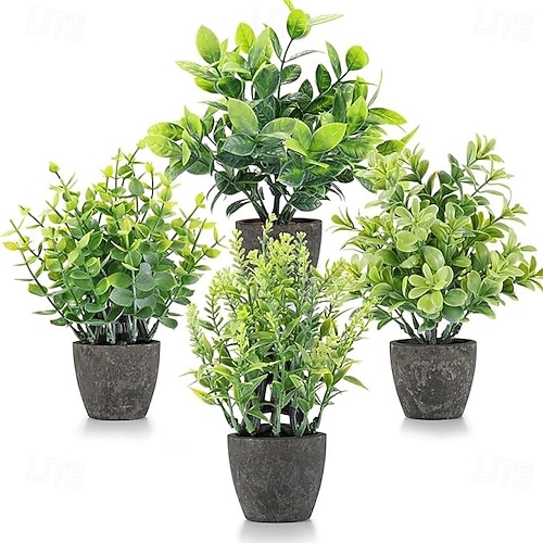 Confezione Da 4 Piante Finte In Vaso Di Ceramica: Mini Piante Artificiali Realistiche Per Decorazione Casa, Ufficio, Bagno E Tavolo. Stile Country, Manutenzione Zero. Alte 17,8 Cm.