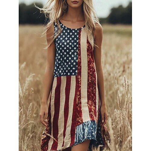 Rochie Mini Patriotices Rochie de Vară Rochie Casual Rochie de Vacanță pentru Vară Întreținere Regulată cu Grafica Steagului Geometric Fără Mâneci cu Guler în U Roșu Vară