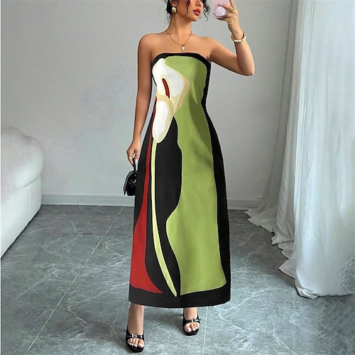Per donna Abito Lungo Maxi Abito Vestito Casual Abito Estivo Moda All'aperto Feste Ferie Vestibilità regolare Blocco di colori Senza Maniche Top con spalle scoperte Blu Arancione Verde Estate