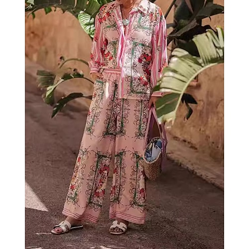  Femmes Mode Streetwear Chemises en coton et lin Ensembles en coton et lin Ensembles de Pantalons manche longue Col de chemise Fleuri Imprimé Tenue quotidienne Date Rose Claire Bleu Beige Été Coupe