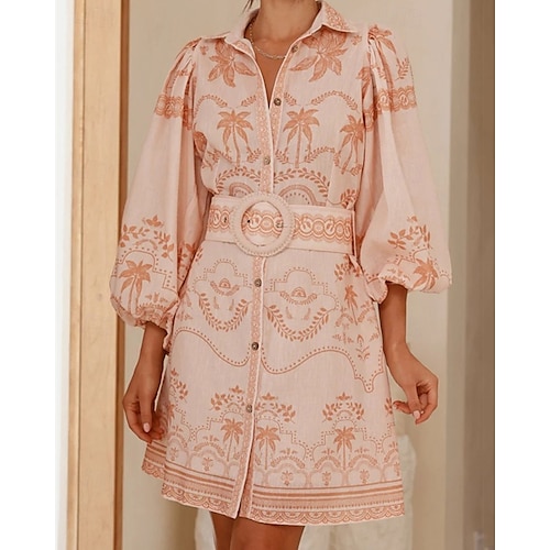  Damen Langes Kleid Maxikleid Baumwoll-Leinen-Kleider Freizeitkleid Mode Outdoor Party Ferien Normale Passform Blume Langarm Hemdkragen Rosa Blau Sommer
