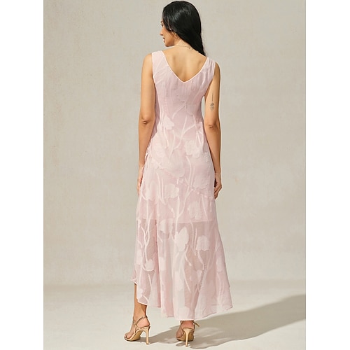  Femmes Robe maxi Robe à Volants Élégant Mariage robe demoiselle d honneur Soirée Fleuri Sans manches Col en U Rose Claire Été Printemps