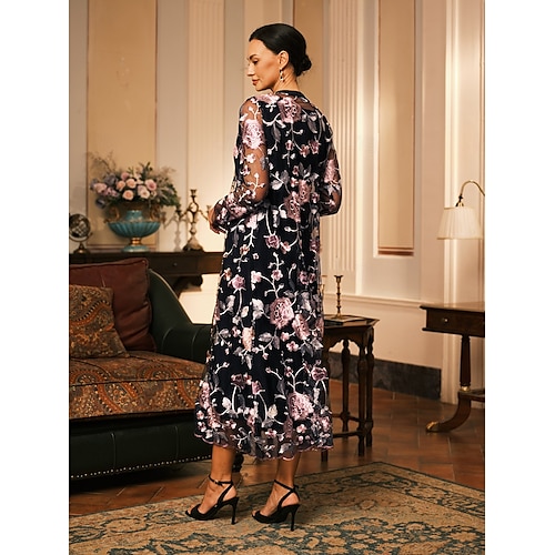  Per donna Insieme del vestito Tubino cocktail Abiti semi formali Floreale Pizzo Ricamato Abito Midi Manica Lunga Girocollo Formale Feste Nero Primavera Autunno Vestibilità regolare