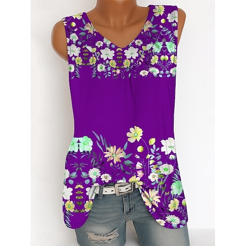  Femmes Débardeur caraco Fleuri Graphique ancien Tropical Élégant Sans manches Col en V Hauts Longs Quotidien Imprimé Bleu Violet Vert Été Printemps