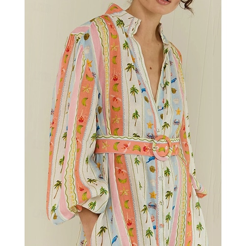  Per donna Abito Lungo Maxi Abito Abiti in cotone e lino Vestito Casual Moda All'aperto Feste Ferie Vestibilità regolare Tropicale Manica Lunga Colletto a Camicia Arancione Estate