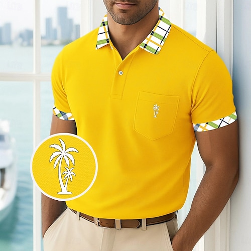  Pánské Golfová košile Polokošile Pique Obchod Ležérní Žebrovaný polo límec Krátký rukáv Módní Základní Pevná barva Pléd Knoflíky Logo Léto Jaro Jaro & podzim Běžný Žlutá Námořnická modř Trávová zelená