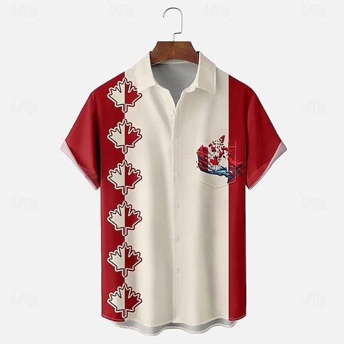  Canada Day Men's Flag Maple Leaf Shirt Summer Shirt Button Up Shirt Short Sleeve Fashion Casual Holiday Summer Spring Turndown 3D Print Collared Shirts Front One Pocket Apricot