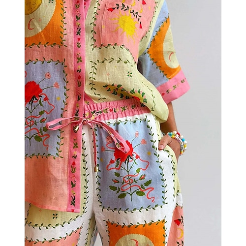  Per donna Moda Streetwear Set di biancheria in cotone Set di Pantaloni Mezza Manica Colletto a Camicia Floreale Stampato Abbigliamento quotidiano Data Rosa Estate Vestibilità regolare