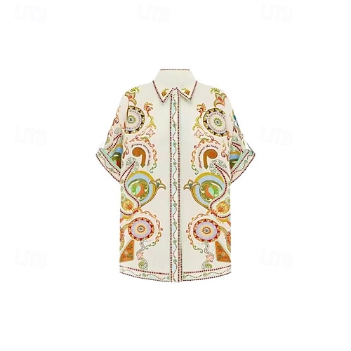  Per donna Moda Streetwear Camicie di cotone e lino Set di biancheria in cotone Set di Pantaloncini Manica Corta Colletto a Camicia Stampa Stampato Abbigliamento quotidiano Data Beige Estate