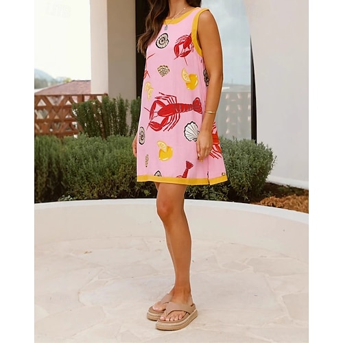  Damen Minikleid Baumwoll-Leinen-Kleider Freizeitkleid Mode Outdoor Party Ferien Normale Passform Tiermotiv Ärmellos Rundhalsausschnitt Rosa Sommer