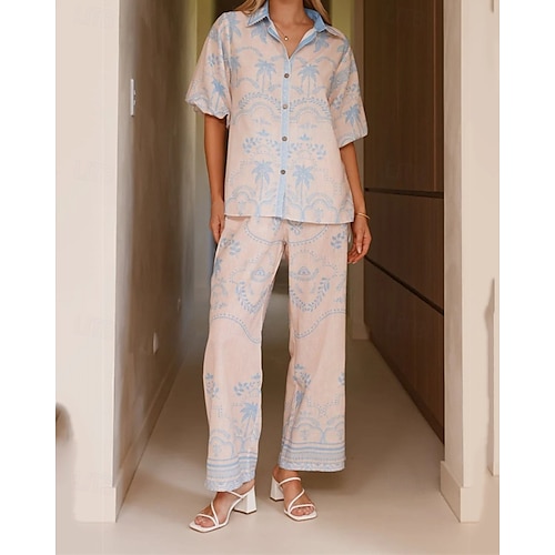  Per donna Moda Streetwear Set di biancheria in cotone Set di Pantaloni Manica Corta Colletto a Camicia Floreale Stampato Abbigliamento quotidiano Data Rosa Blu Estate Vestibilità regolare