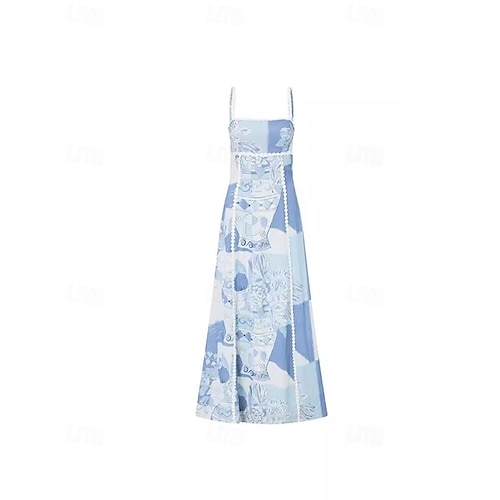  Damen Langes Kleid Maxikleid Baumwoll-Leinen-Kleider Freizeitkleid Mode Outdoor Party Ferien Normale Passform Blume Kurzarm Spaghettiträger Blau Sommer