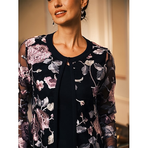  Per donna Insieme del vestito Tubino cocktail Abiti semi formali Floreale Pizzo Ricamato Abito Midi Manica Lunga Girocollo Formale Feste Nero Primavera Autunno Vestibilità regolare