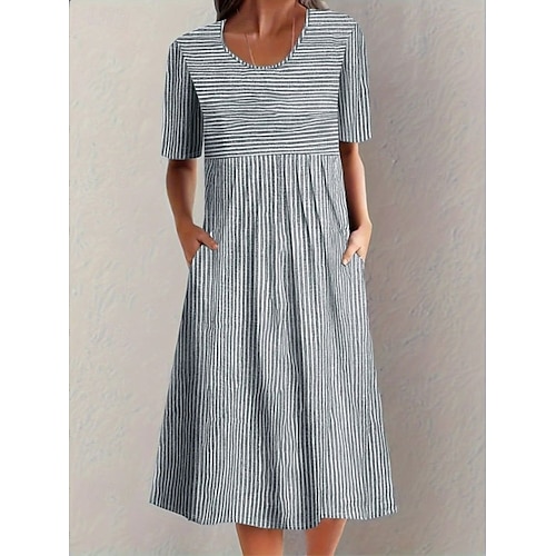  Femmes Robe Midi Robe trapèze Robe d'été Vacances Occasionnel Quotidien Fête Coupe Ample Graphique Géométrique Rayé Demi Manches Col ras du cou Bleu Gris Été