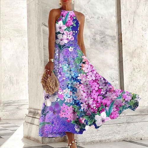 purple floral halter neck bodycon midi dress Women's Midi Dress Floral Dress Halter Neck Dress Print Dress Fashion  Modern Outdoor Vacation Holiday Regular Fit Flower Sleeveless Halter Neck  Purple Summer 2026