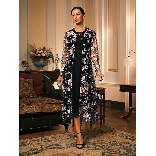  Per donna Insieme del vestito Tubino cocktail Abiti semi formali Floreale Pizzo Ricamato Abito Midi Manica Lunga Girocollo Formale Feste Nero Primavera Autunno Vestibilità regolare