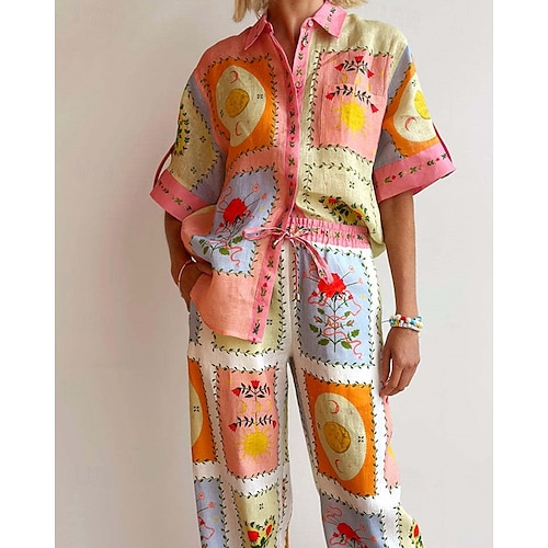  Per donna Moda Streetwear Set di biancheria in cotone Set di Pantaloni Mezza Manica Colletto a Camicia Floreale Stampato Abbigliamento quotidiano Data Rosa Estate Vestibilità regolare