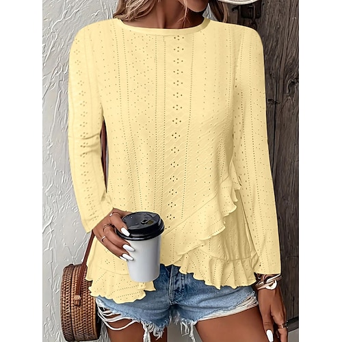  Women's Blouse Solid Color Stylish Casual Long Sleeve Crew Neck Regular Tops Daily Ruffle Eyelet White Yellow Blue Green Summer Spring