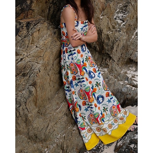  Damen Langes Kleid Maxikleid Baumwoll-Leinen-Kleider Freizeitkleid Mode Outdoor Party Ferien Normale Passform Landschaft Ärmellos Träger Gelb Sommer