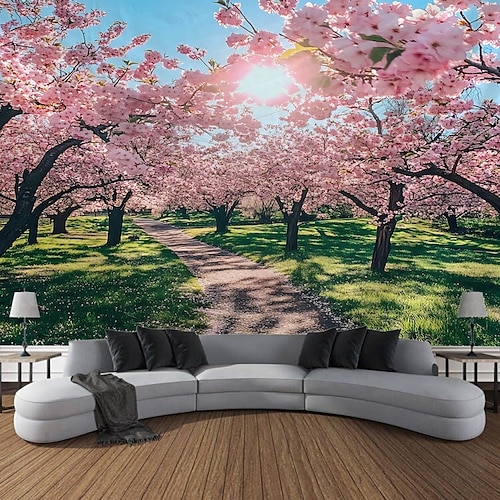 2026年 ピンクの花の森の風景吊り下げタペストリー壁アート大きな